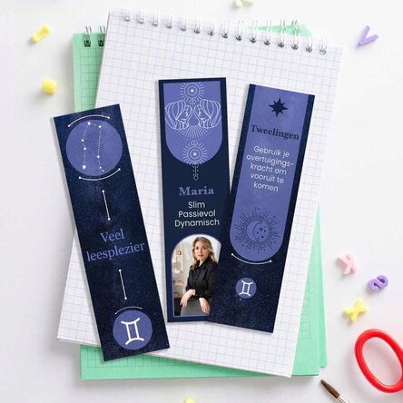 Set van 3 gepersonaliseerde boekenleggers met tekst en foto - Sterrenbeeld Tweelingen