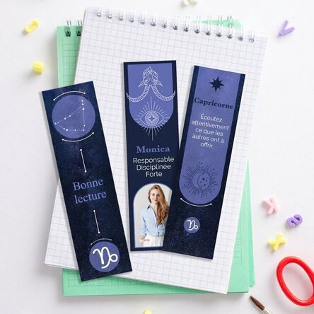 Lot de 3 marque-pages personnalisés avec message et photo - Signe du Capricorne