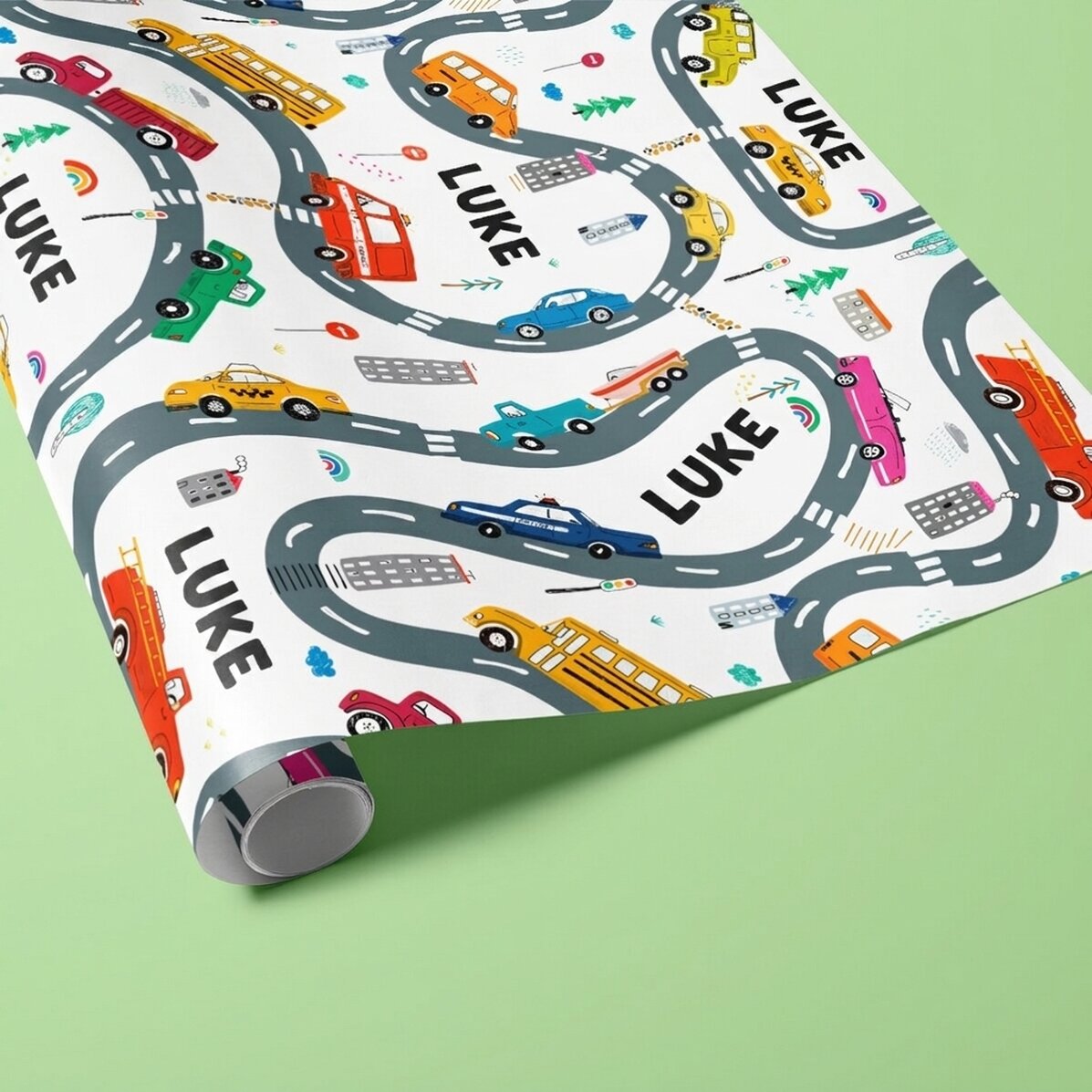 Gepersonaliseerd cadeaupapier met tekst - Autootjes