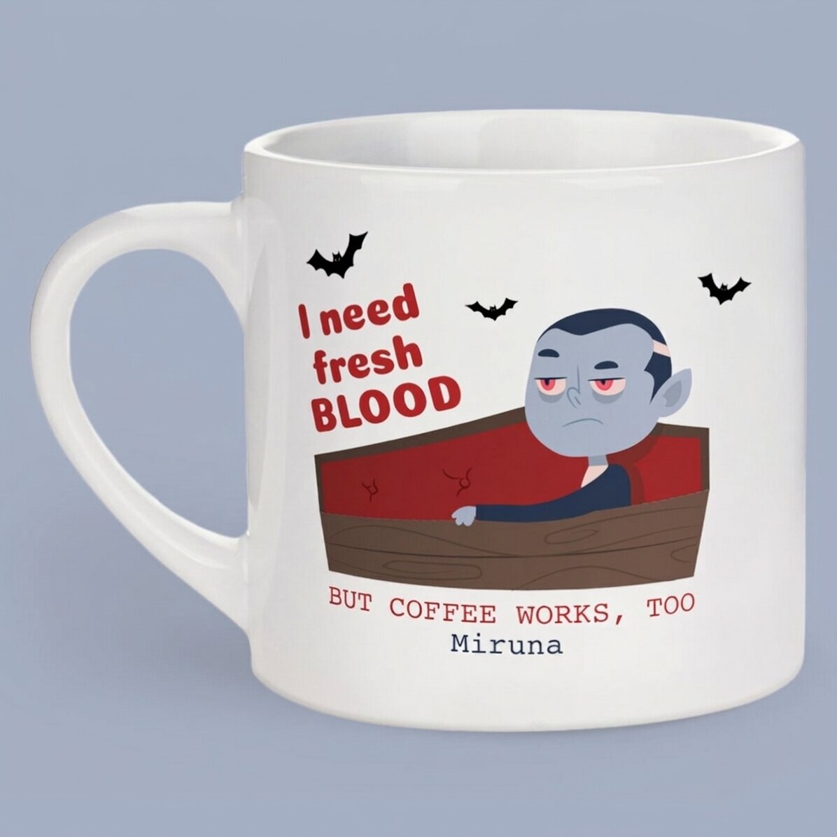 Tasse à espresso personnalisée avec message - « I need fresh blood »