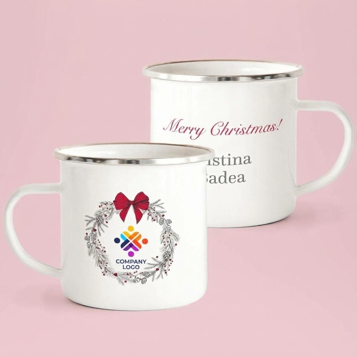 Geëmailleerde metalen mok met tekst en logo - Vrolijk Kerstfeest!