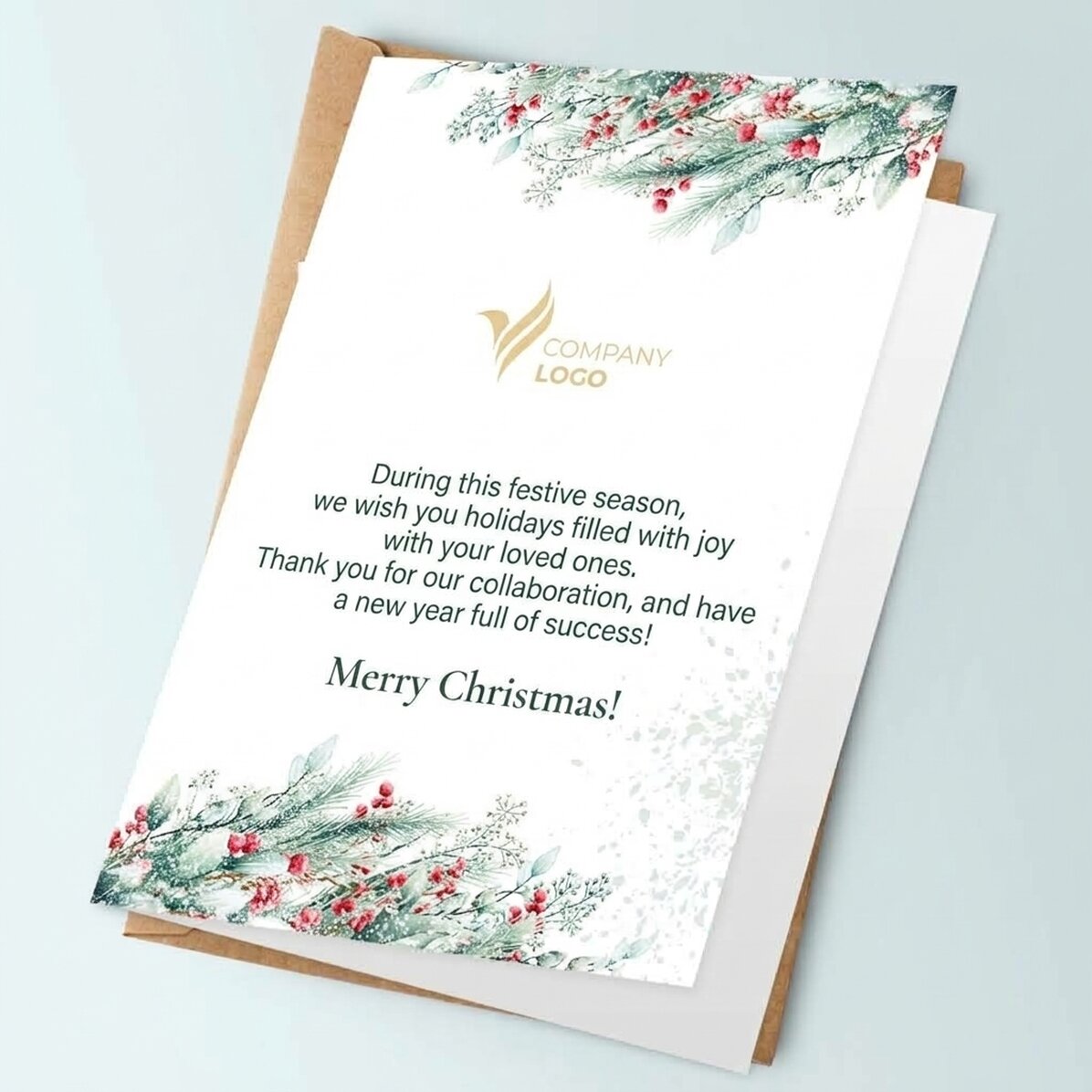 Gepersonaliseerde wenskaart, achterkant met tekst en logo - Vrolijk Kerstfeest!