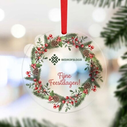 Rond ornament met logo en persoonlijke boodschap - Fijne feestdagen!