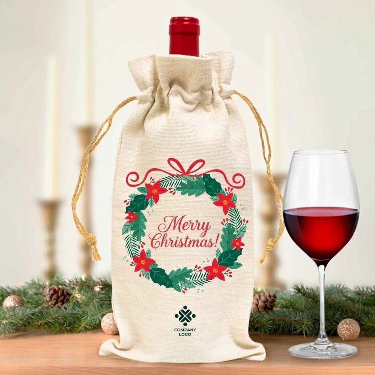 Sac personnalisé pour bouteille de vin avec logo et message - Joyeux Noël !