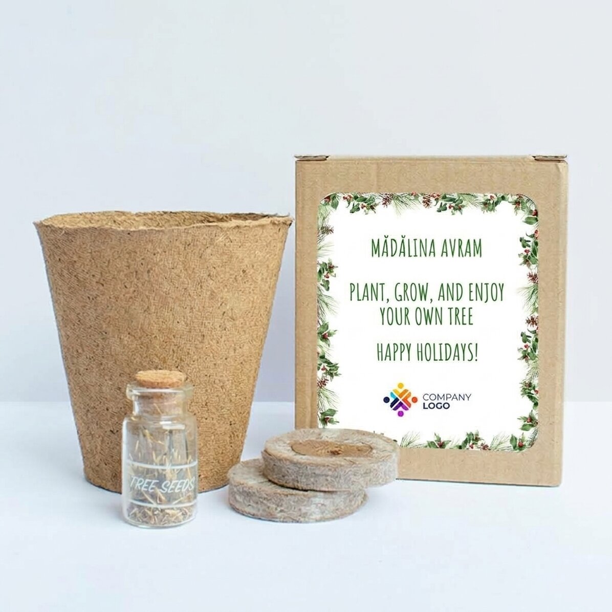 Kit de plantation de graines de sapin dans une petite boîte personnalisée avec logo et message - Cre