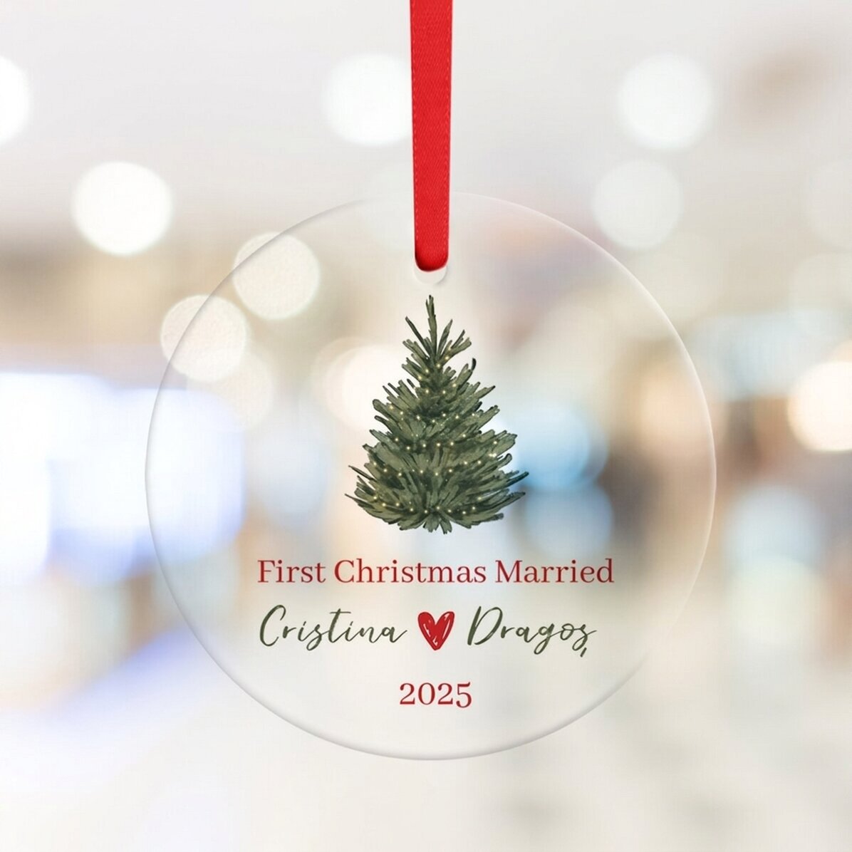 Ronde, gepersonaliseerde sieraden met tekst - First Christmas Married