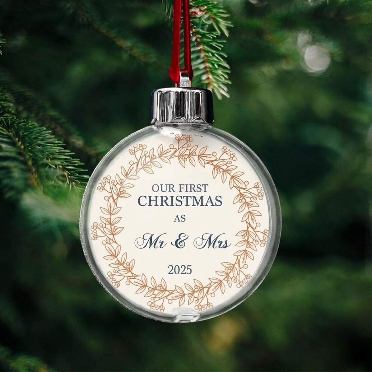 Boule transparente personnalisée recto-verso avec une photo et un message - Notre premier Noël en ta