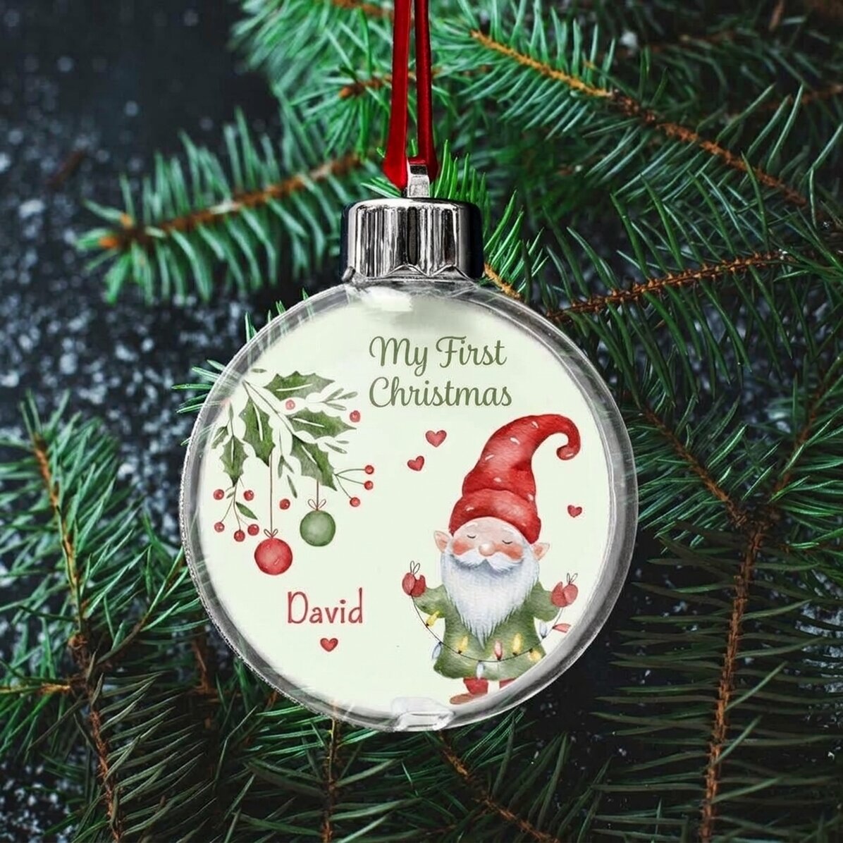 Boule de Noël transparente personnalisée recto-verso avec une photo et un message - Mon premier Noël