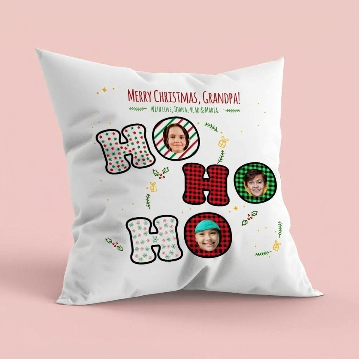 Gepersonaliseerd kussen met foto, groot formaat - HO HO HO