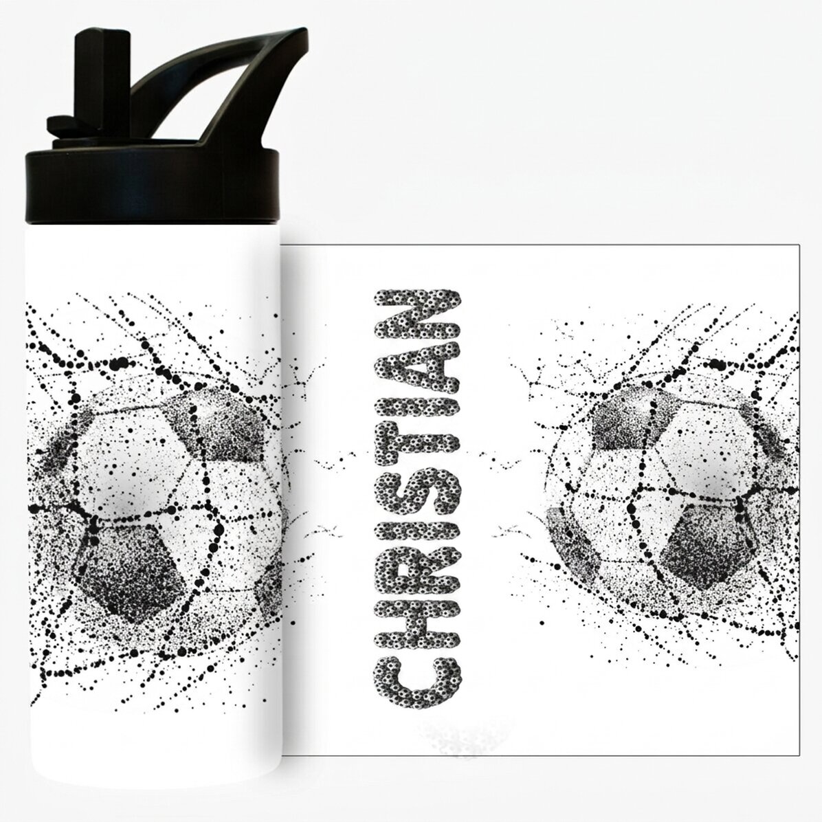 Thermosfles met handvat en rietje, gepersonaliseerd met tekst - Voetbal