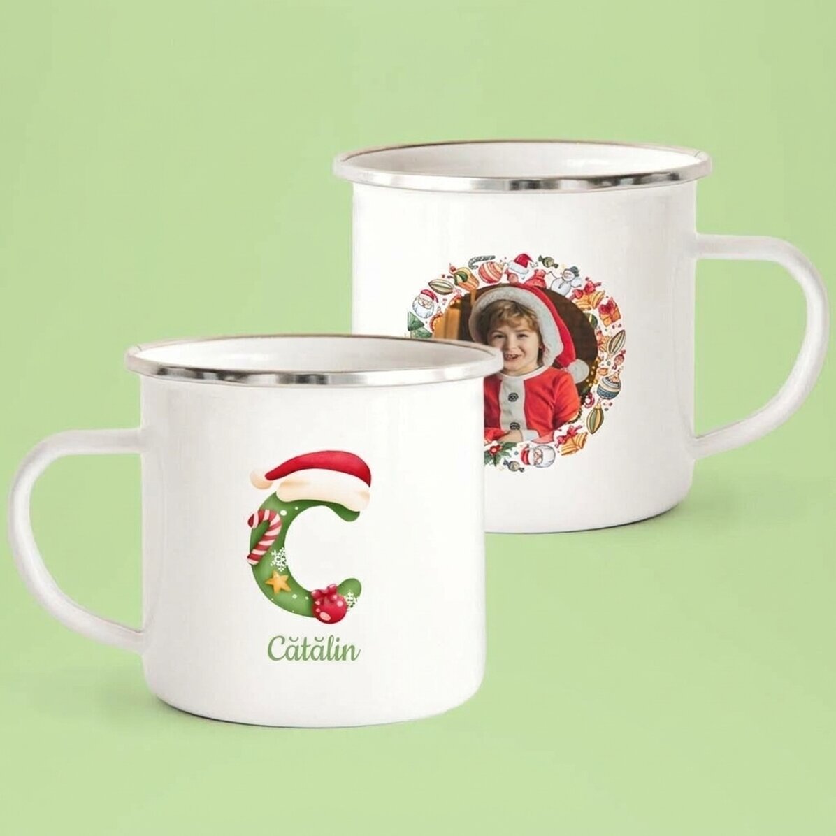 Tasse émaillée personnalisée avec un texte et une photo - Noël