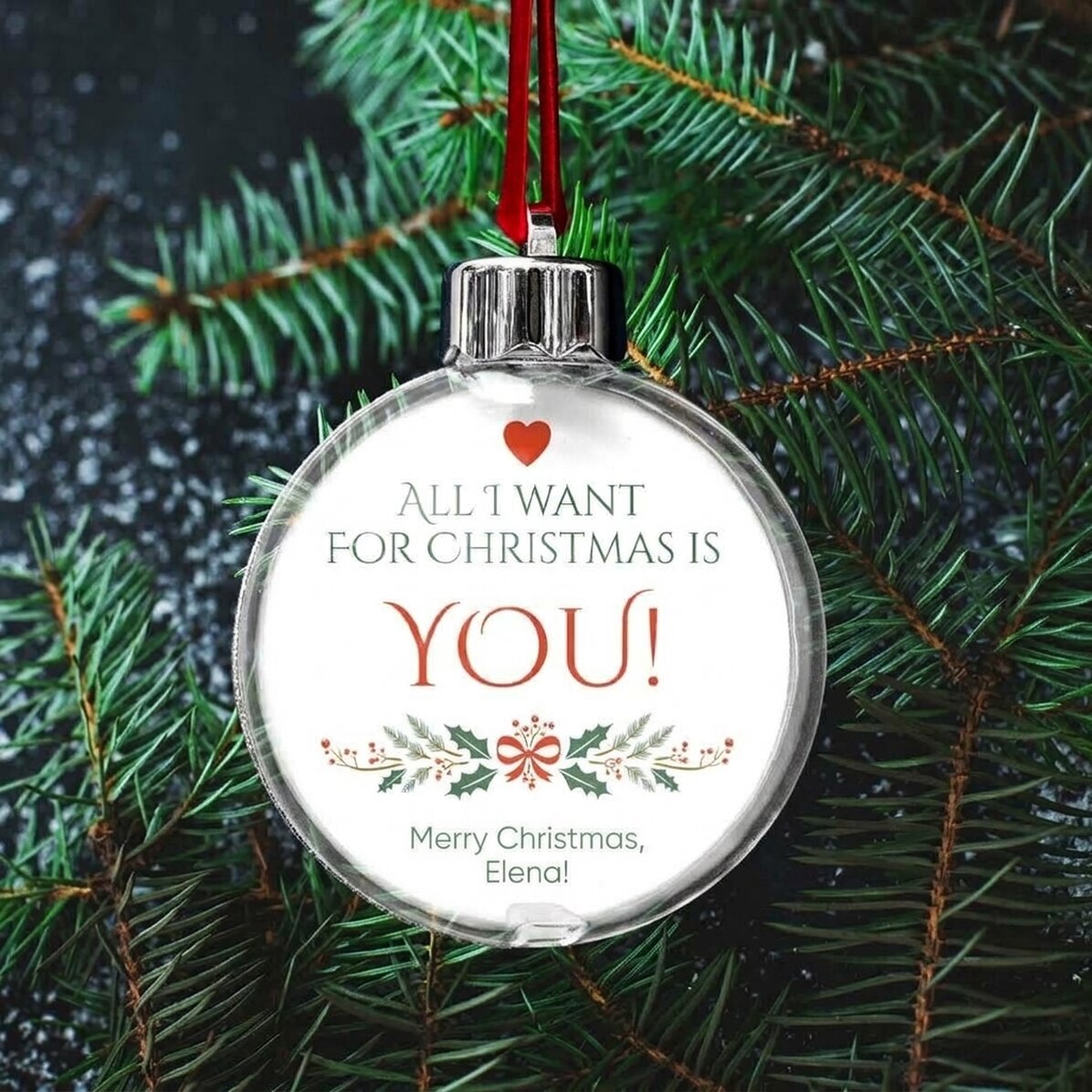 Gepersonaliseerde, doorzichtige kerstbal met aan beide kanten een foto en een boodschap - All I want
