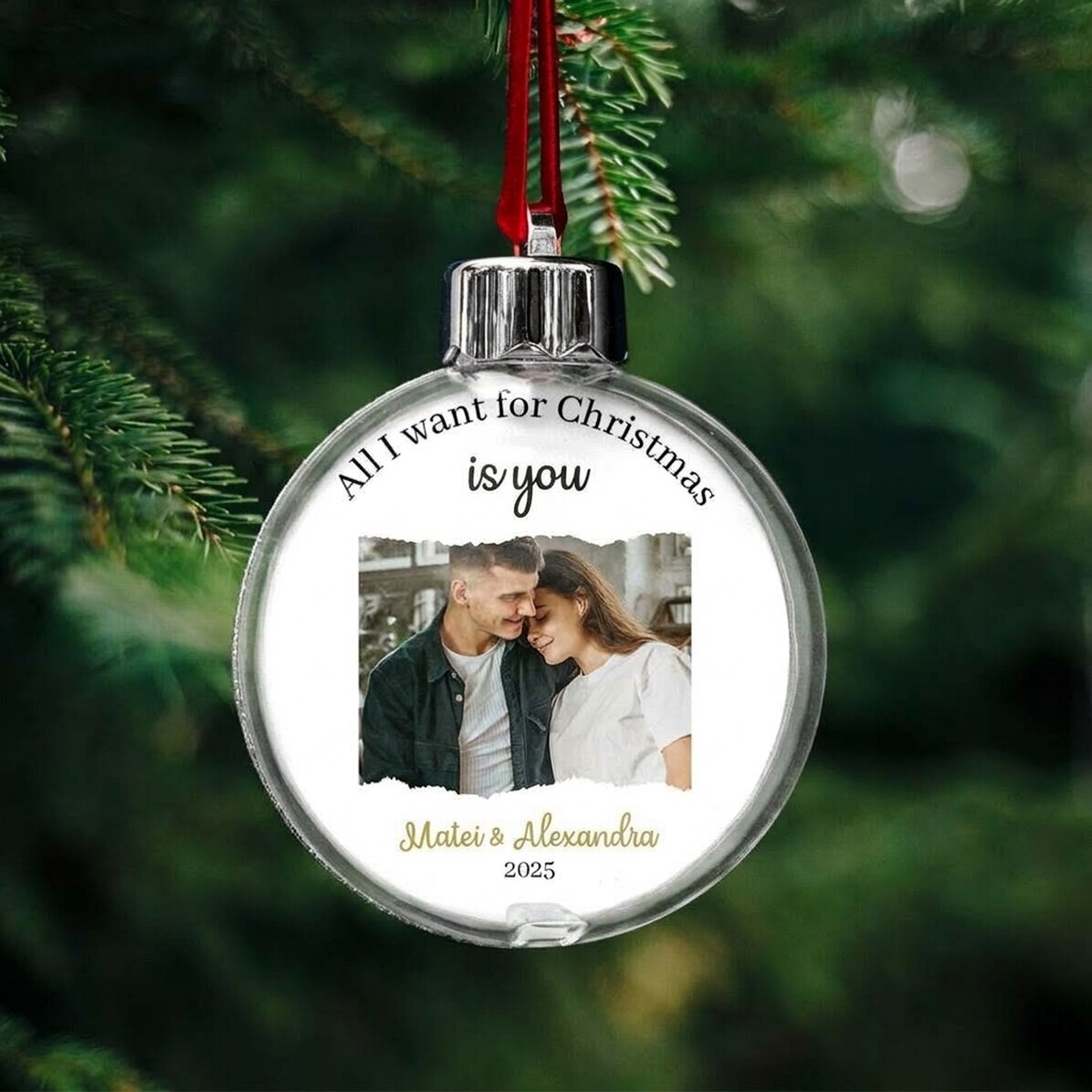 Boule de Noël personnalisée avec un message et une photo - « All I want for Christmas »