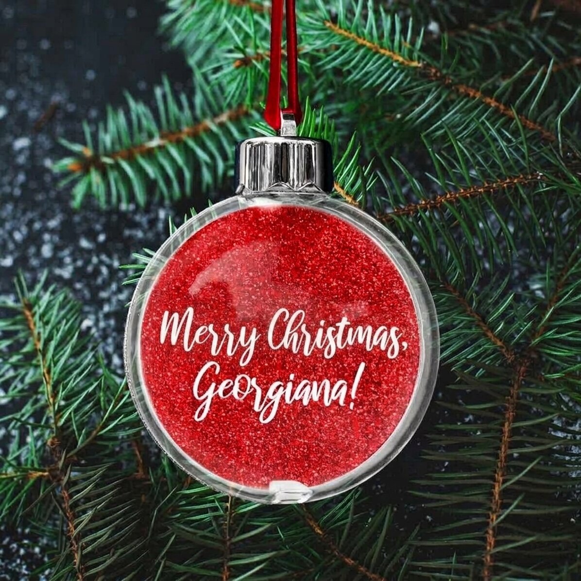 Boule transparente personnalisée recto-verso avec une photo et un texte - Joyeux Noël !
