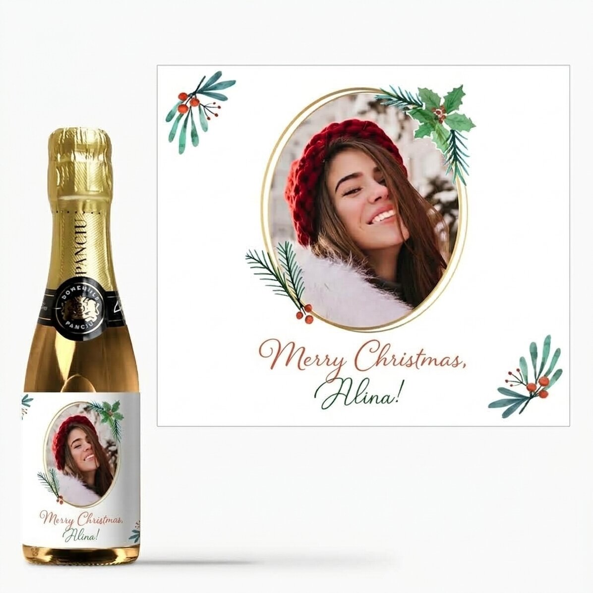 Mini-flesje mousserende wijn, gepersonaliseerd met een foto en een kersttekst