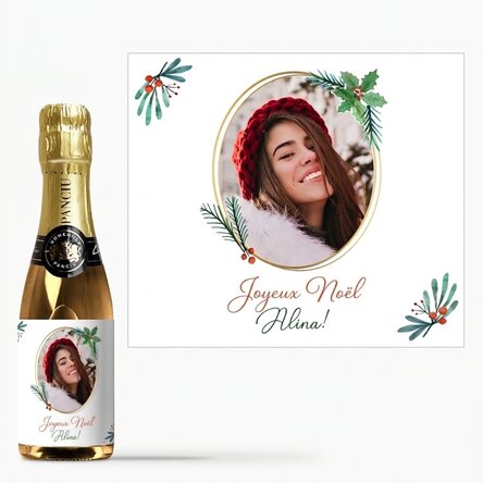 Mini-bouteille de vin mousseux personnalisée avec une photo et un message de Noël