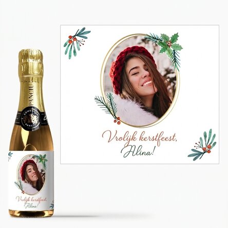 Mini-flesje mousserende wijn, gepersonaliseerd met een foto en een kersttekst