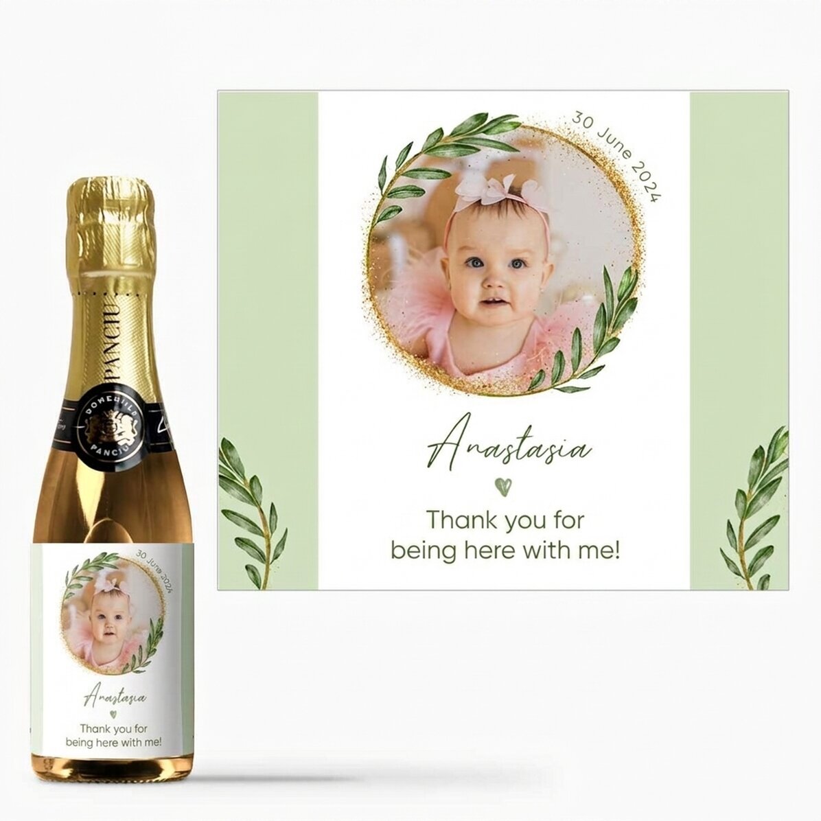 Mini-flesje mousserende wijn, gepersonaliseerd met een foto en tekst - Doopcadeau