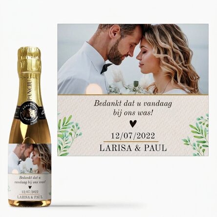 Mini-flesje mousserende wijn, gepersonaliseerd met een foto en tekst – Bedankt!