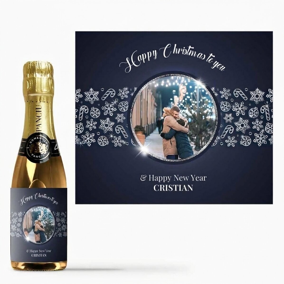 Mini-flesje mousserende wijn, gepersonaliseerd met foto en tekst - Shiny Snowflakes