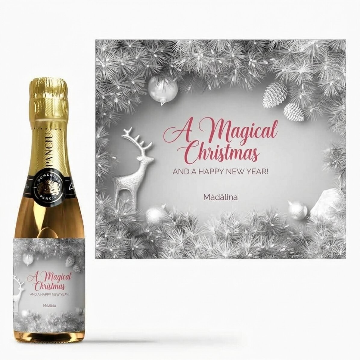 Mini-bouteille de vin mousseux personnalisée avec un message - Silver Christmas