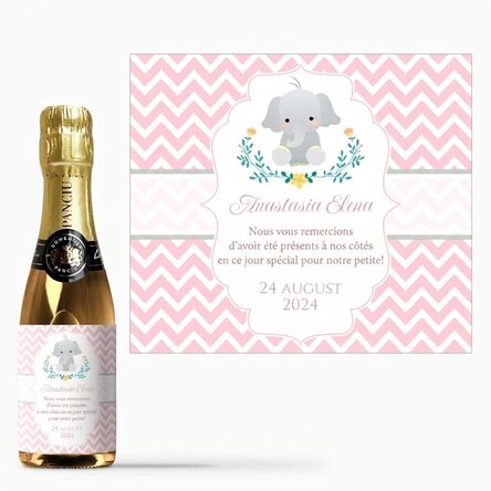 Mini-bouteille de vin mousseux personnalisée pour un cadeau de baptême avec inscription - Éléphant