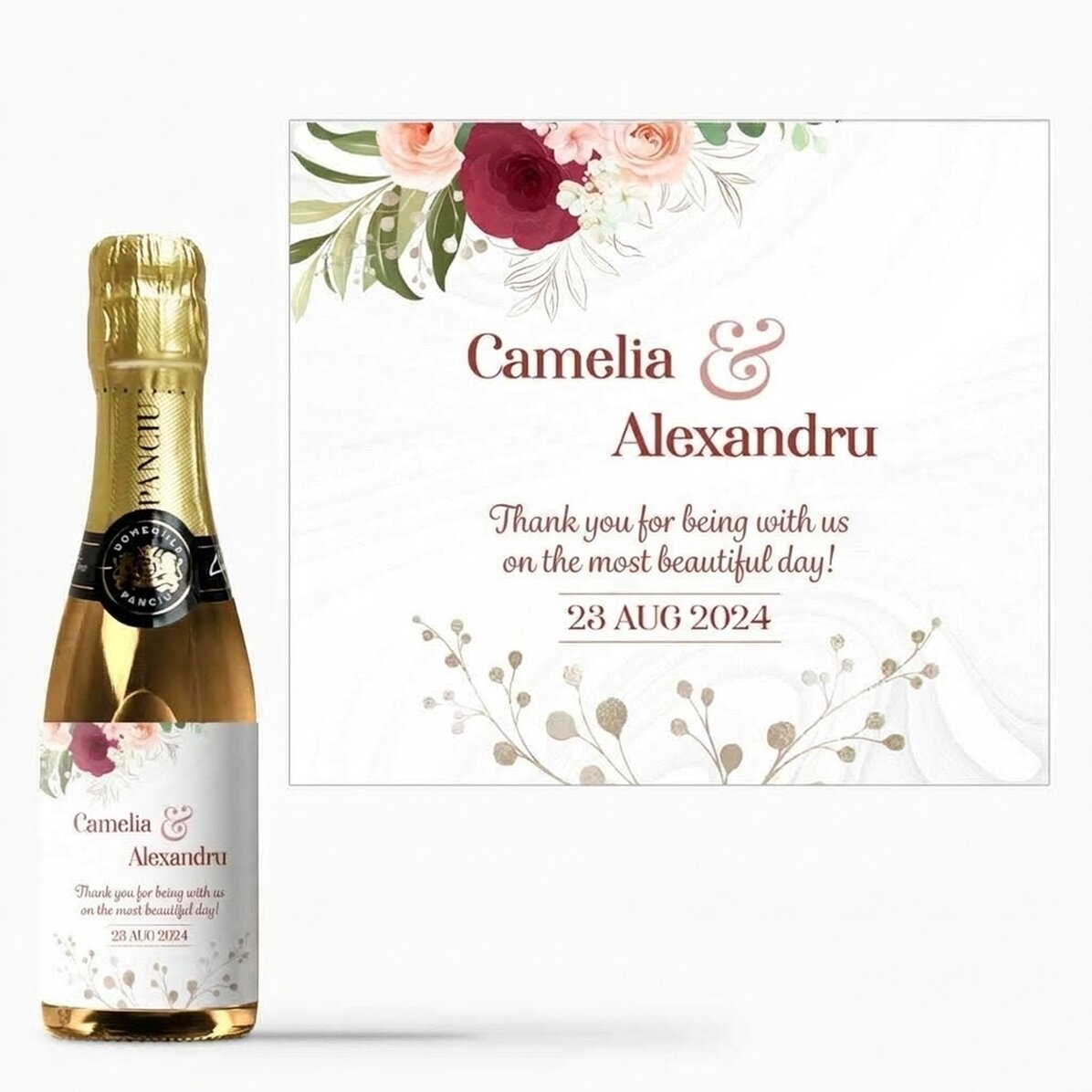 Mini-bouteille de vin mousseux personnalisée avec un message - Merci de votre présence