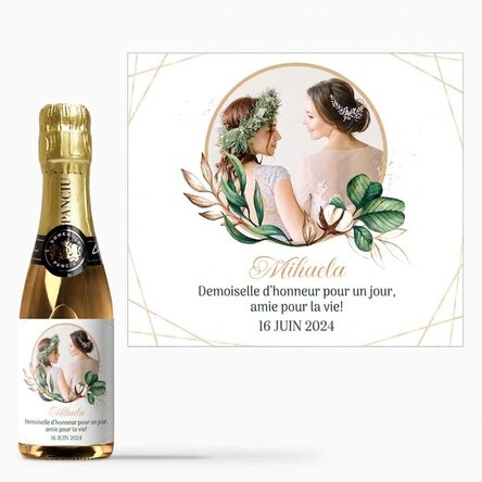 Mini-bouteille de vin mousseux personnalisée avec une photo et un texte pour la demoiselle d