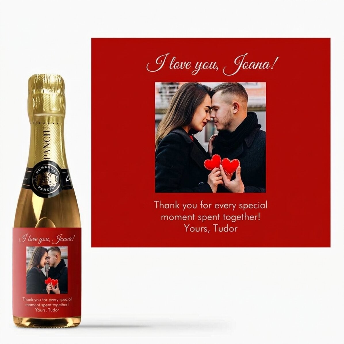 Mini-bouteille de vin mousseux personnalisée avec une photo et un message pour vos proches