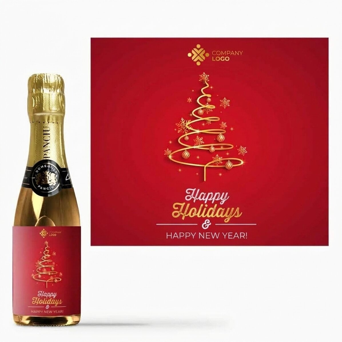 Mini-flesje mousserende wijn, gepersonaliseerd met tekst en logo - Fijne feestdagen