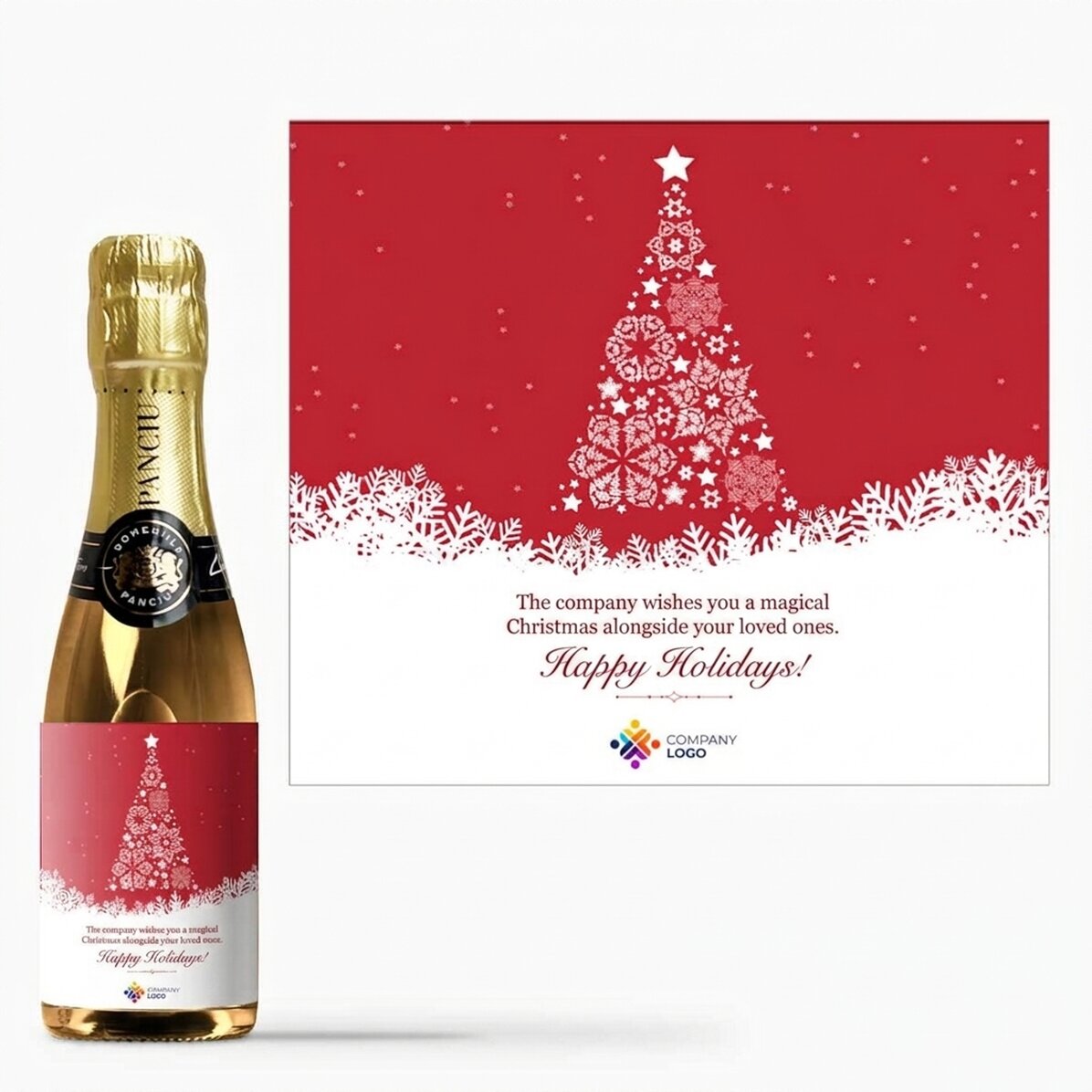 Mini-flesje mousserende wijn, gepersonaliseerd met tekst en logo - De magie van Kerstmis