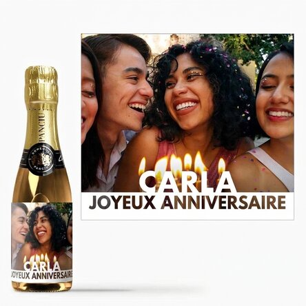 Mini-bouteille de vin mousseux personnalisée avec une photo et un prénom pour un anniversaire