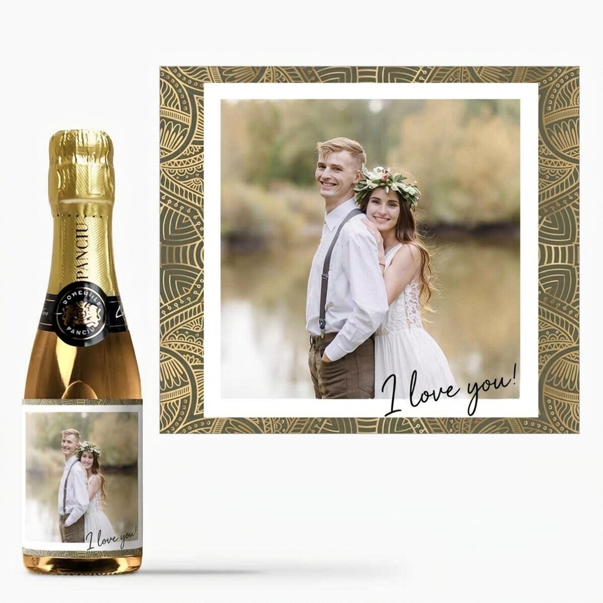 Mini-flesje mousserende wijn, gepersonaliseerd met een foto – Ik hou van je!