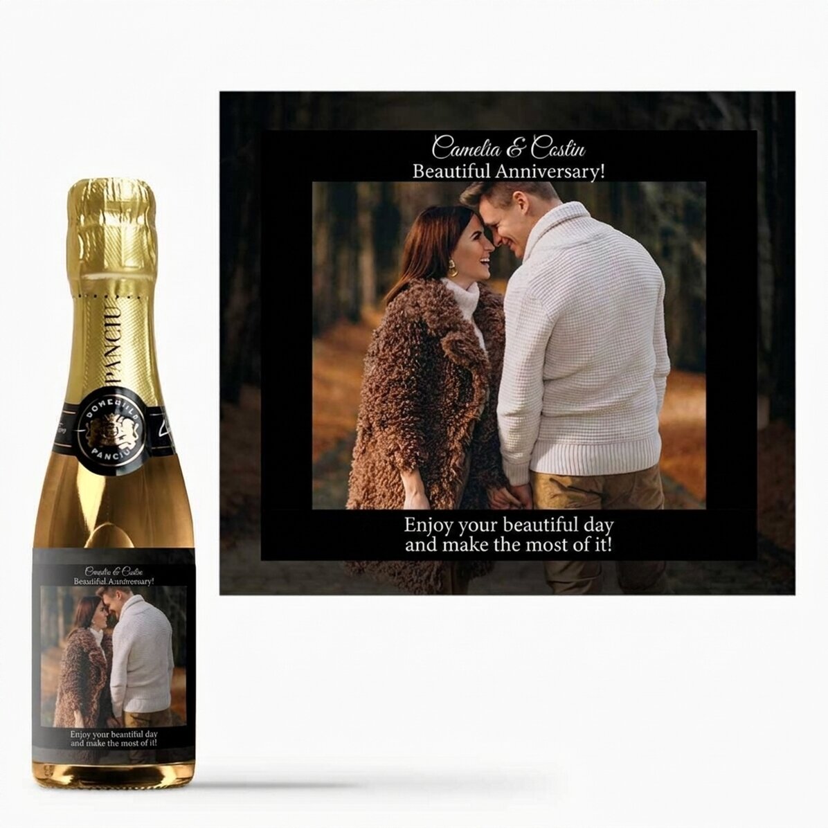 Mini-bouteille de vin mousseux personnalisée avec un texte et une photo pour les anniversaires