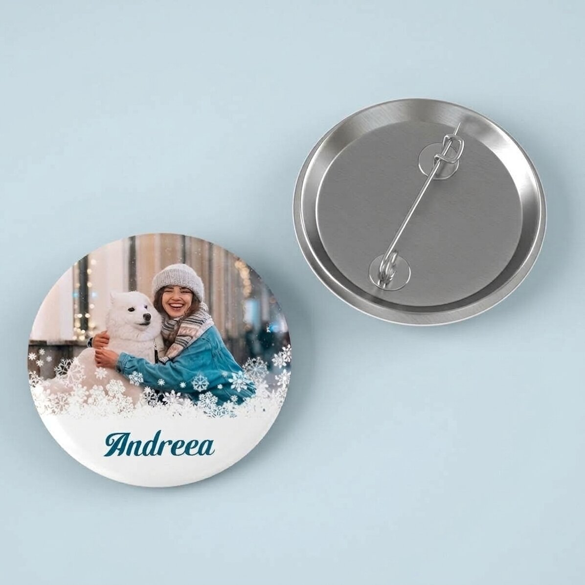 Gepersonaliseerde button met foto en tekst - Sneeuwvlokken