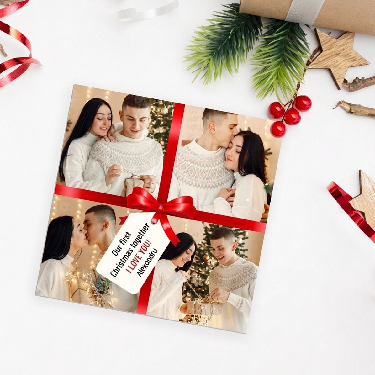 Aimant 10 x 10 personnalisé avec 4 photos et un message - Le cadeau idéal