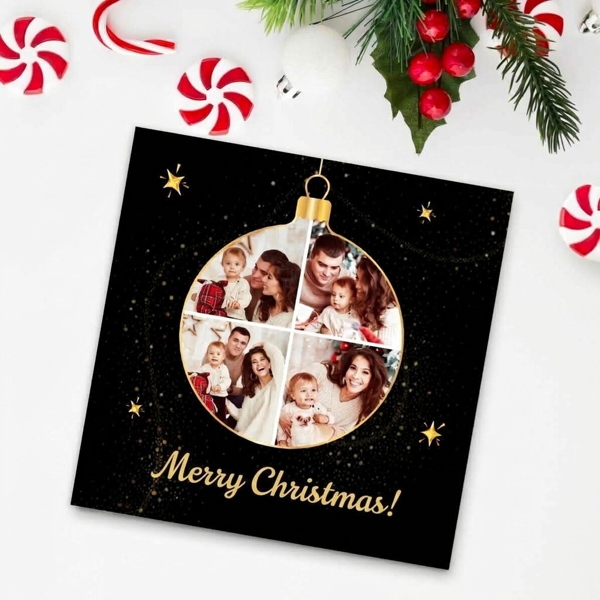 Gepersonaliseerde magneet van 10x10 met 4 foto’s en een boodschap - Kerstbal