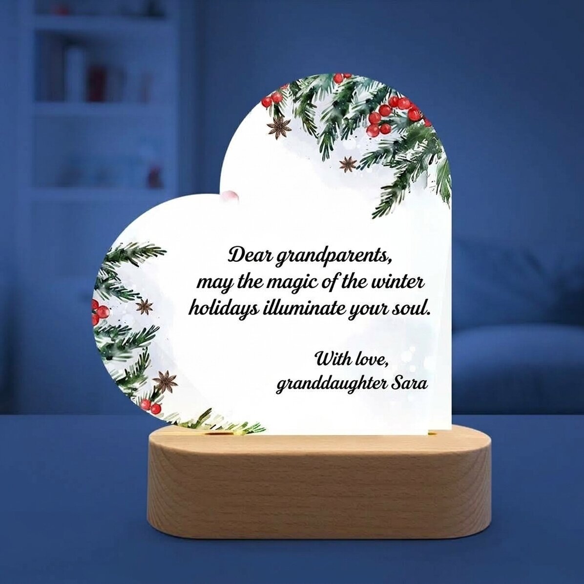Lampe de veille LED en forme de cœur personnalisée avec un message de Noël