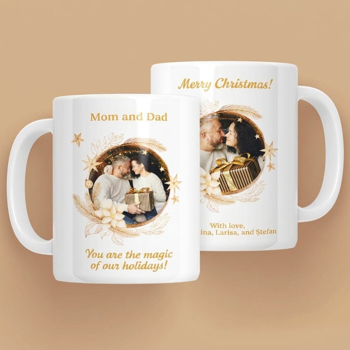 Tasse personnalisée avec un texte et 2 photos - La magie des fêtes