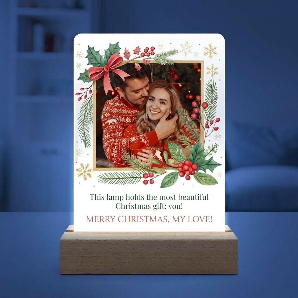 Gepersonaliseerde LED-nachtlamp met foto en boodschap - Vrolijk Kerstfeest!