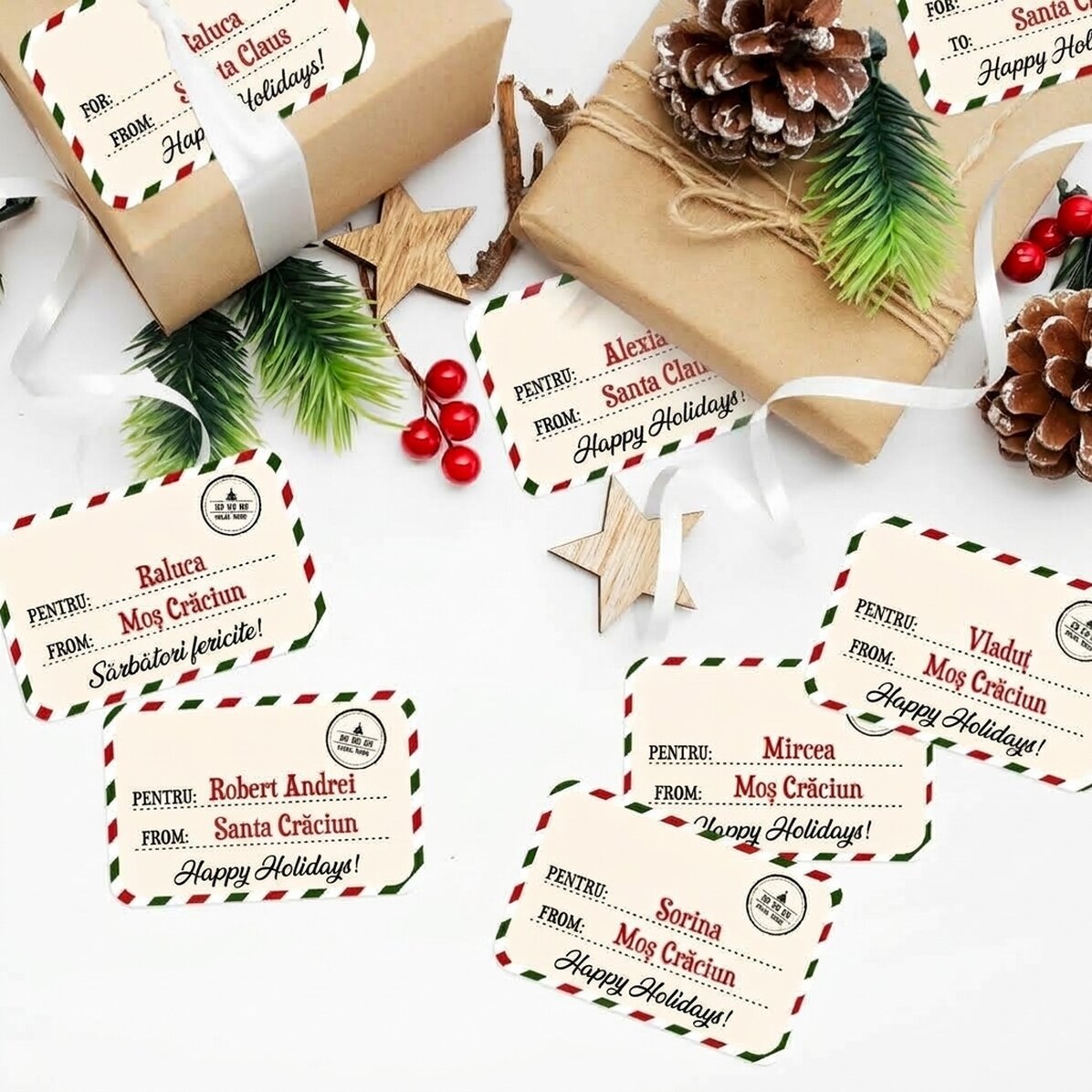Set van 8 gepersonaliseerde stickers (zelfklevende etiketten) met tekst - Liefs, de Kerstman