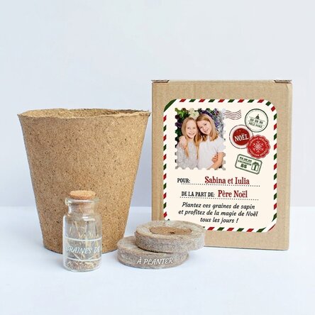 Kit pour planter des graines de sapin dans une petite boîte personnalisée avec une photo et un messa