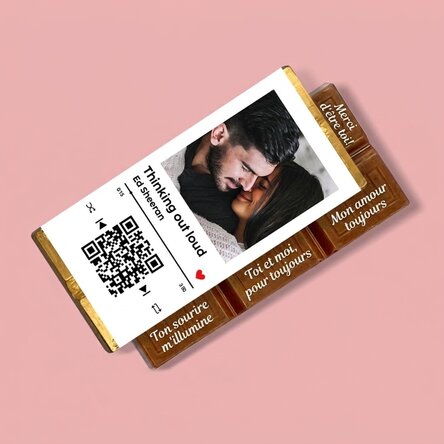Mini-tablette de chocolat personnalisée avec une photo, un message et un code QR - Notre chanson