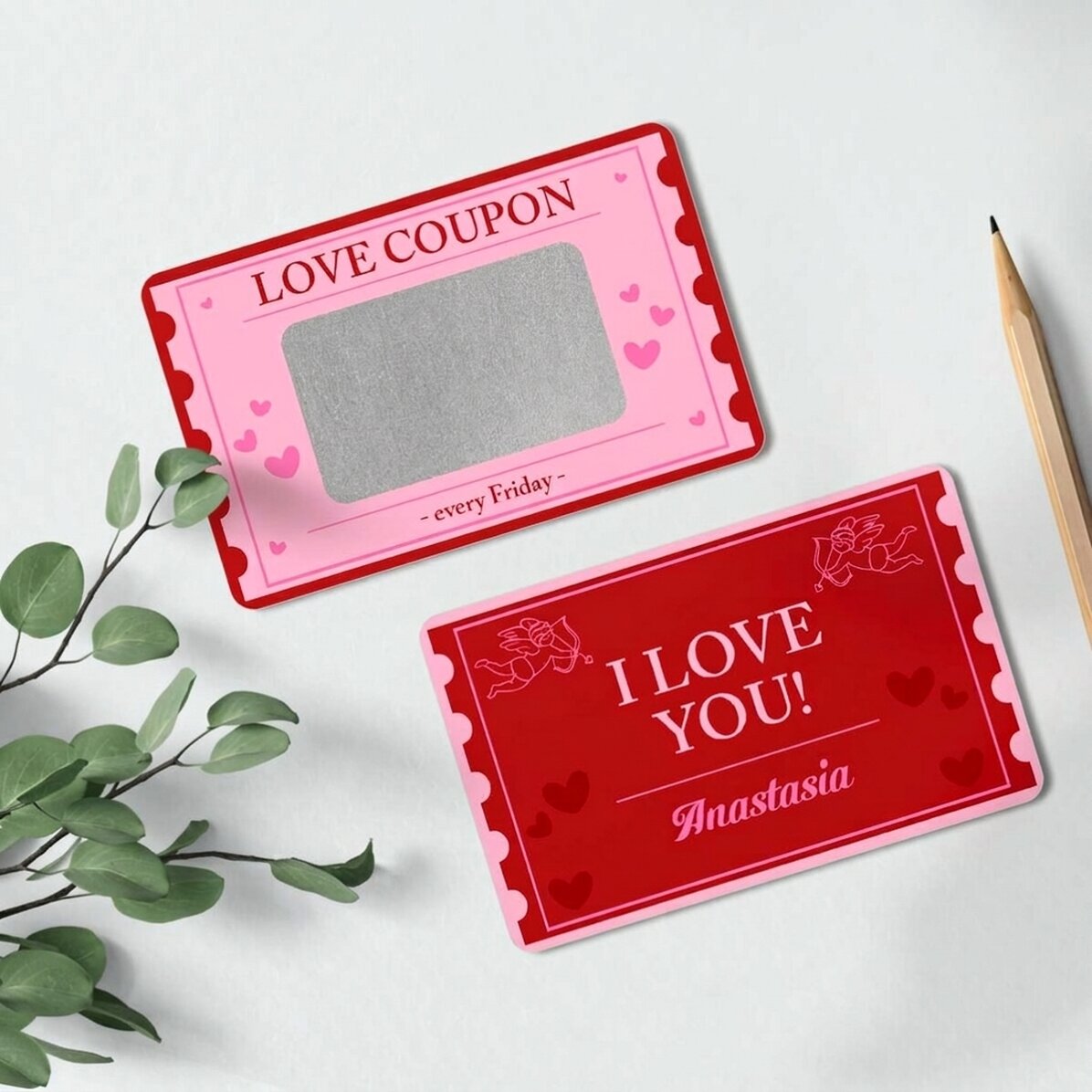 Carte en aluminium à gratter personnalisée recto-verso avec message - Love Coupon