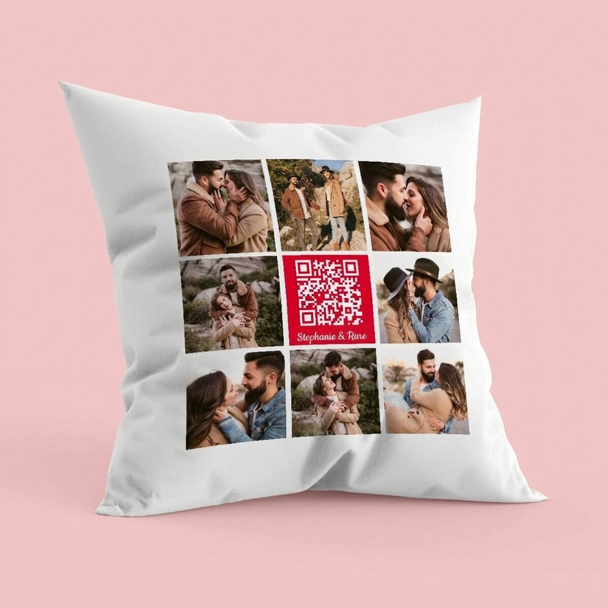Coussin personnalisé avec 8 photos, un texte et un code QR - Notre chanson