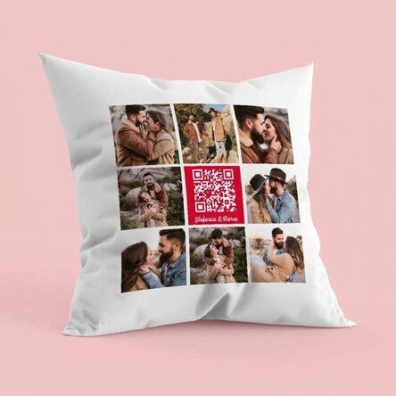 Coussin personnalisé avec 8 photos, un texte et un code QR - Notre chanson