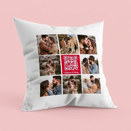Gepersonaliseerd kussen met 8 foto’s, tekst en QR-code - Ons liedje