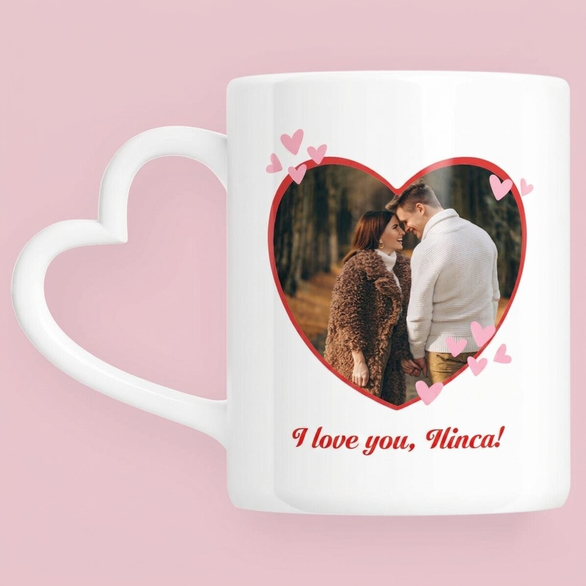 Gepersonaliseerde mok met een foto en tekst - You&Me - model met hartvormig handvat