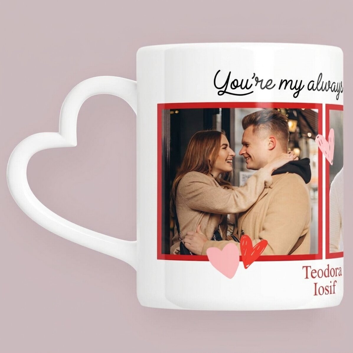 Tasse personnalisée avec 3 photos et un texte - « My favorite » - modèle avec anse en forme de cœur