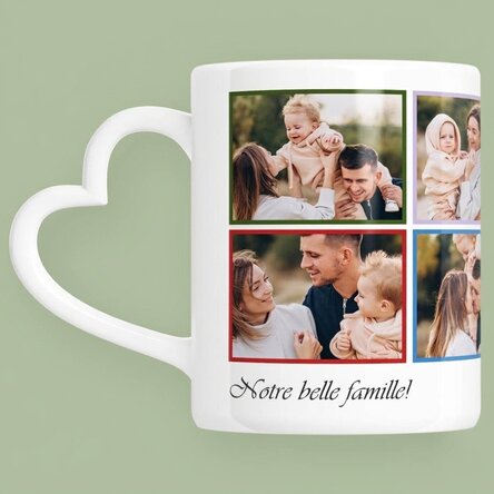 Tasse personnalisée avec 8 photos et un texte - modèle avec anse en forme de cœur